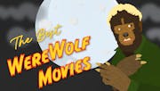 A cartoon version of the 1941 Lon Chaney Jr Wolf Man, standing before a full moon, with the text 'The Best Werewolf Movies'.