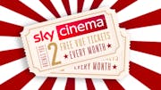 Two old style cinema tickets, emblazoned with the text 'Sky Cinema brings you 2 free Vue tickets every month'