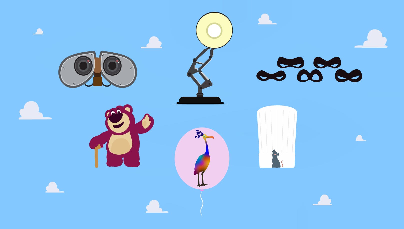 Various Pixar characters, including company mascot Luxo Jr, against a backdrop of fluffy white clouds.