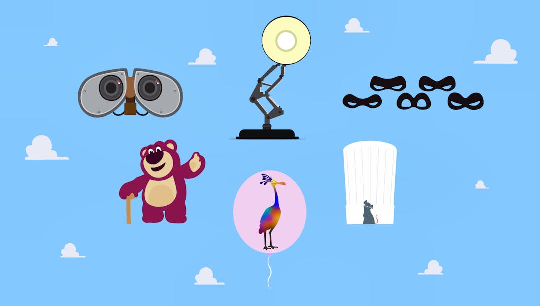 Various Pixar characters, including company mascot Luxo Jr, against a backdrop of fluffy white clouds.