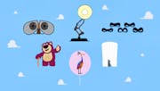 Various Pixar characters, including company mascot Luxo Jr, against a backdrop of fluffy white clouds.