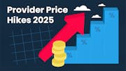 A rising bar graph in the shape of a staircase, with a big arrow heading up the stairs and a stack of coins at the base, and the title 'Provider Price Hikes 2025'