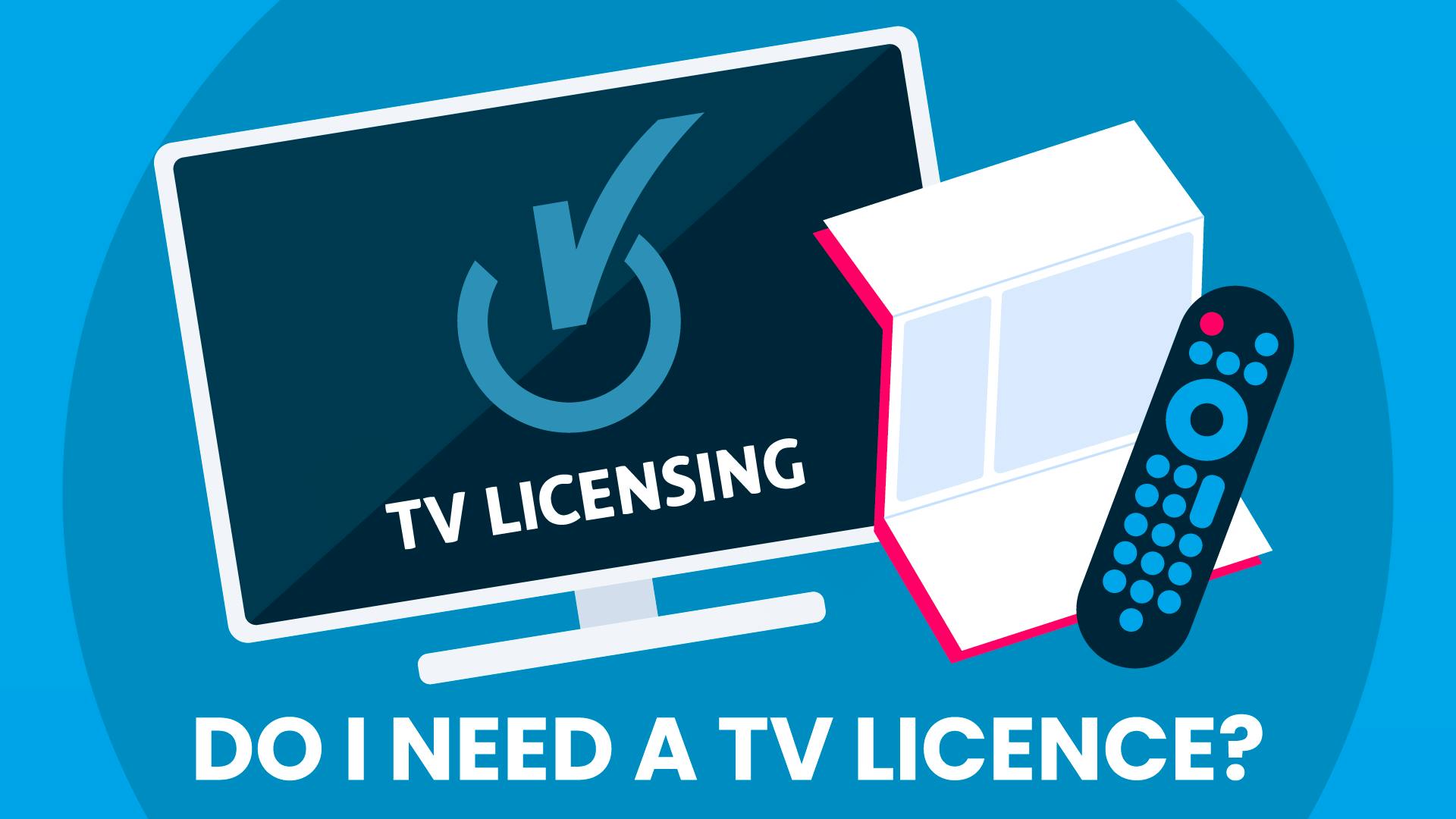 A TV with the TV licence logo on it. On its right, a bill and a remote for the TV.