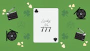 A playing card that says 'Lucky Number 7', surrounded by film reels, cameras, popcorn and four-leaf clovers