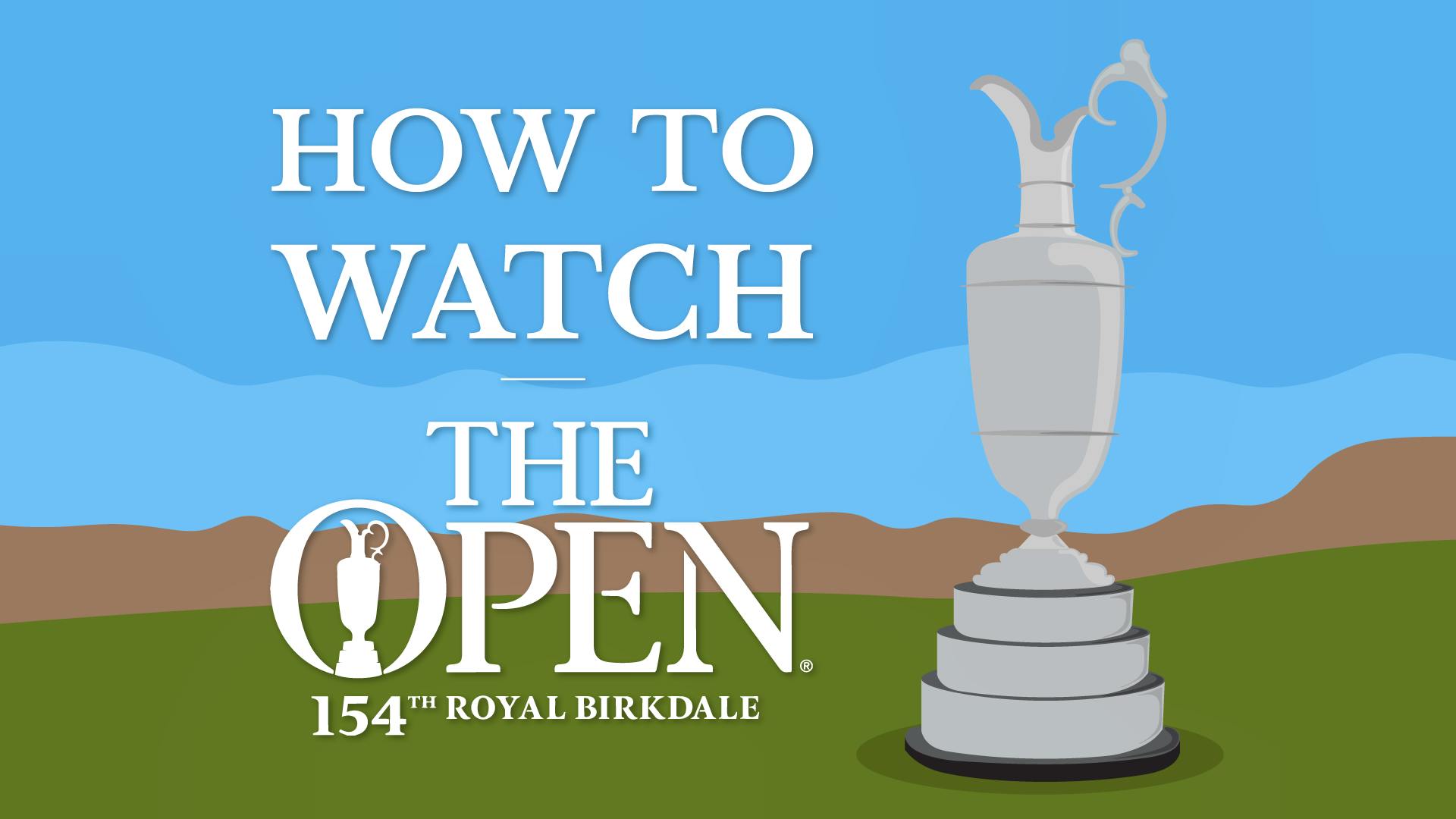 The Claret Jug, given to the winner of The Open Championship, sits on a an open green space, with the title of the content written beside.