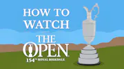 The Claret Jug, given to the winner of The Open Championship, sits on a an open green space, with the title of the content written beside.
