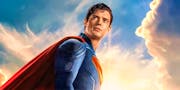 Superman, played by David Corenswet, with his cape flowing