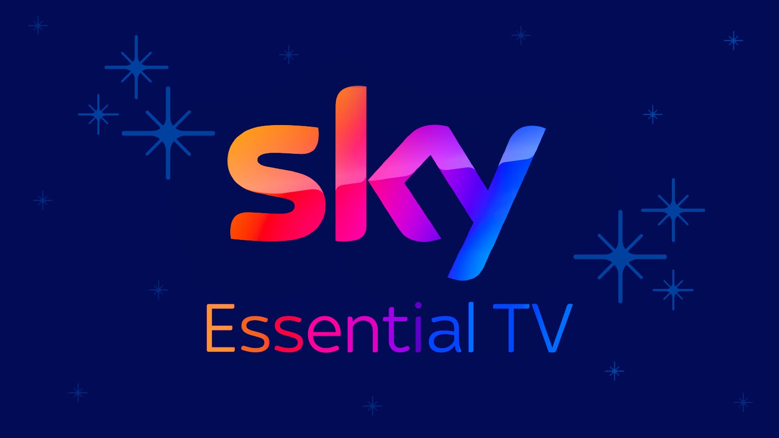 The Sky Essential TV logo on a dark blue background with sparkles around it.