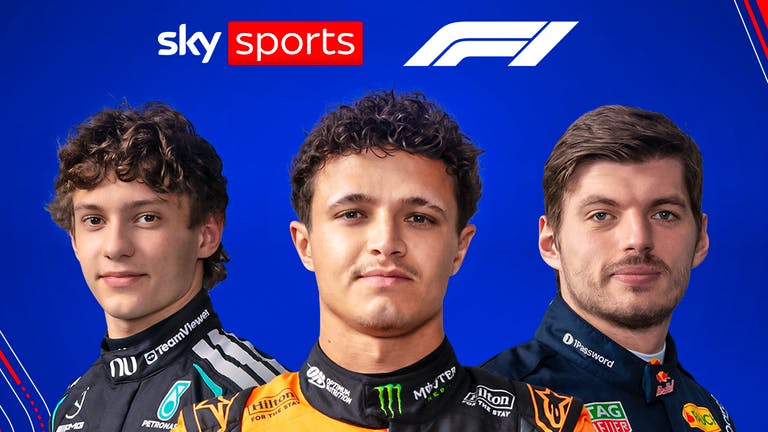 Headshots of Kimi Antonelli, Lando Norris and Max Verstappen stand below the Sky Sports and Formula 1 logos.