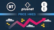 The BT, EE and Plusnet logos, accompanied by an arrow trending upwards into the clouds, and scattered coins