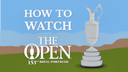 The Claret Jug, given to the winner of The Open Championship, sits on a an open green space, with the title of the content written beside.