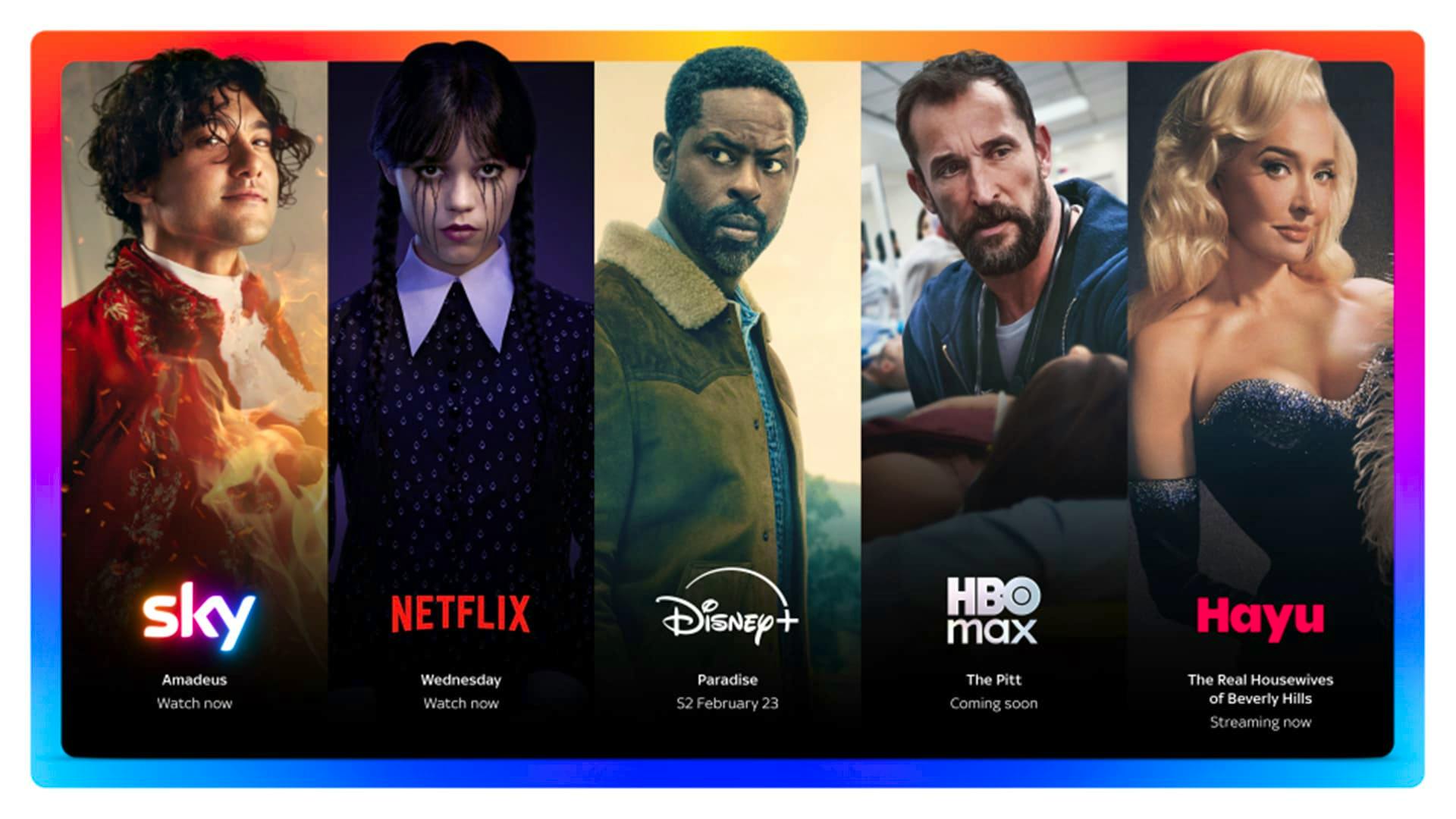Screencaps from shows from the five streaming services - Sky, Netflix, Disney+, HBO Max and Hayu - side by side