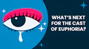An stylised crying eye with colourful make-up and text reading "What’s next for the cast of Euphoria?".