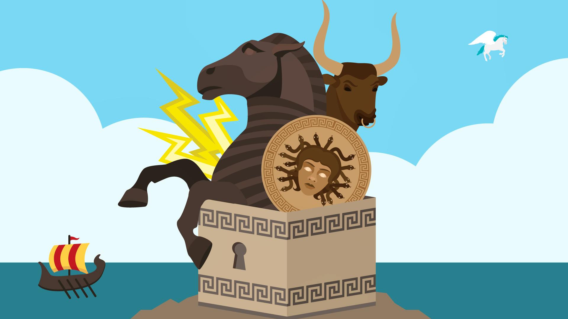 An assortment of ancient greek icons, including the minotaur and the trojan horse
