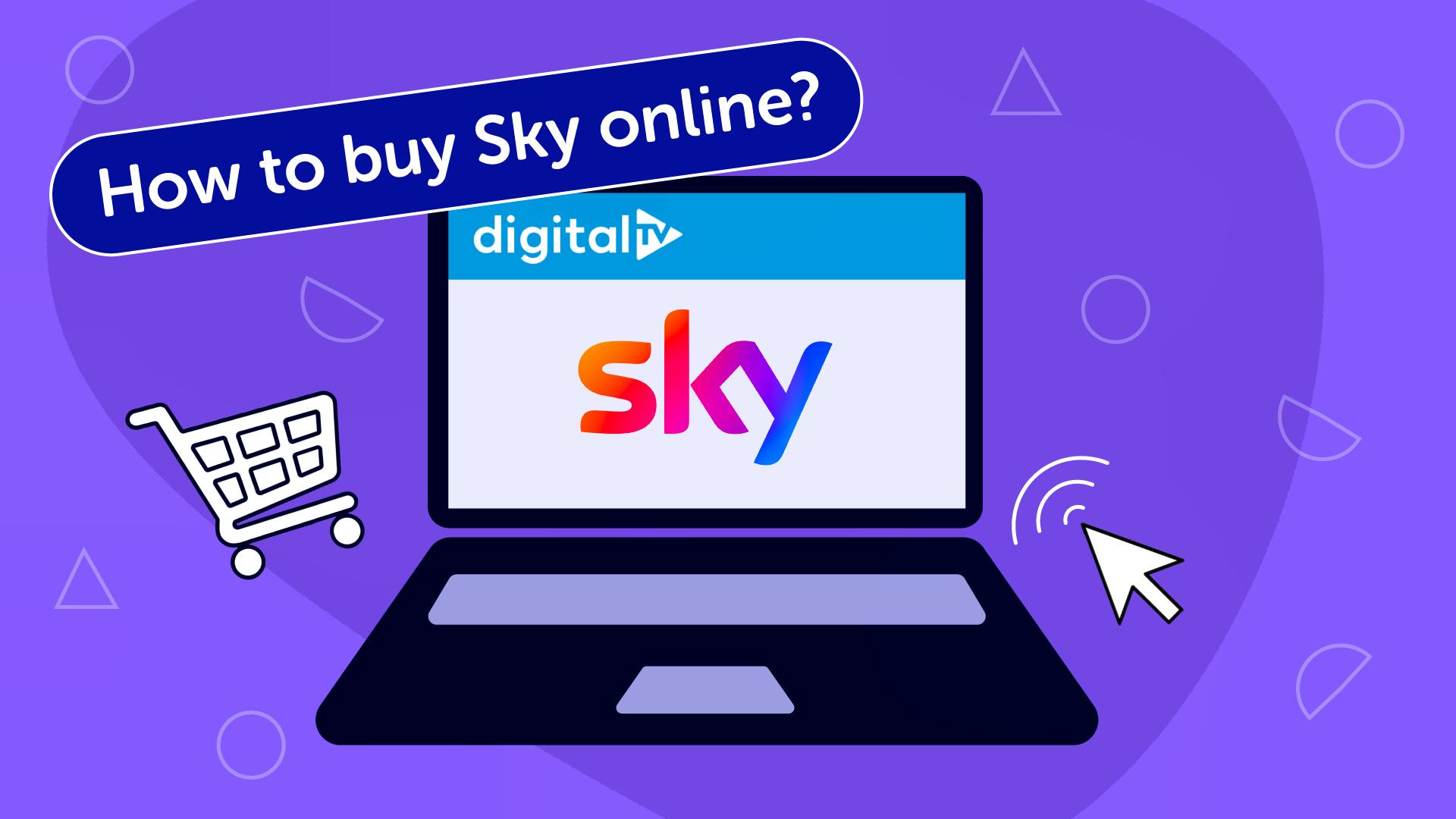 A laptop displaying the Sky logo on it, then the title "How to buy Sky online" in a search bar on the top left corner of the laptop.